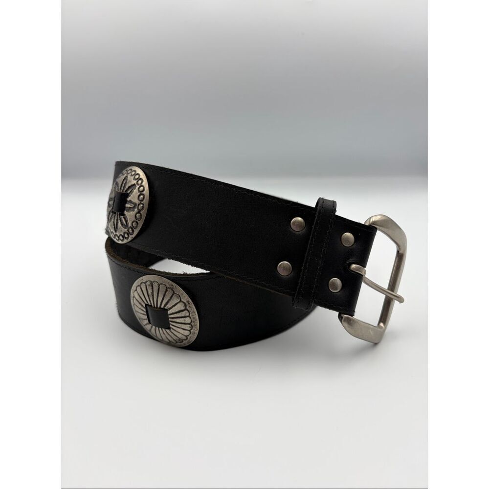 Vintage USA Made Black Leather Southwestern Concho Belt Boho Western Size Small - Picture 3 of 12